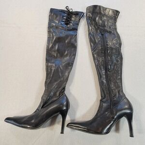Vintage Bakers Black Leather Knee High Boots Pointed Toe Stiletto Womens 9 Y2K